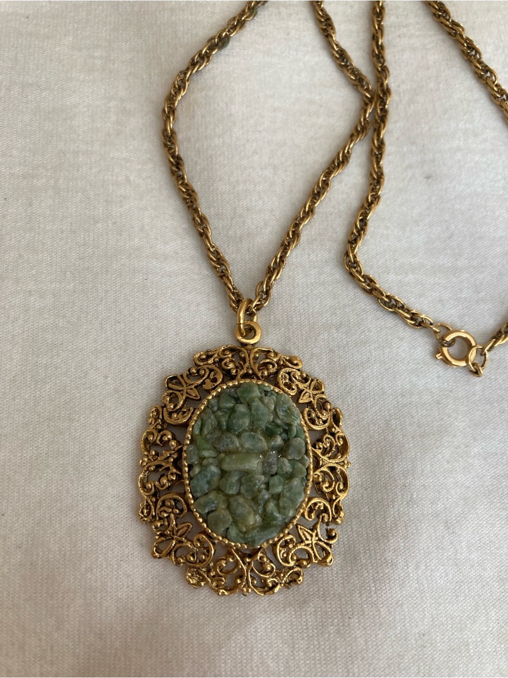 Green Chipped Glass Ornate Framed Vintage Pendant Necklace